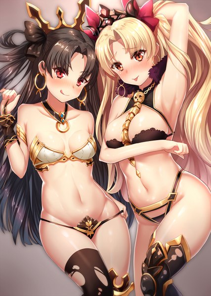 Anime picture 968x1360 with fate (series) fate/grand order ishtar (fate) ereshkigal (fate) meion long hair tall image looking at viewer blush fringe breasts light erotic black hair simple background blonde hair red eyes large breasts bare shoulders multiple girls cleavage