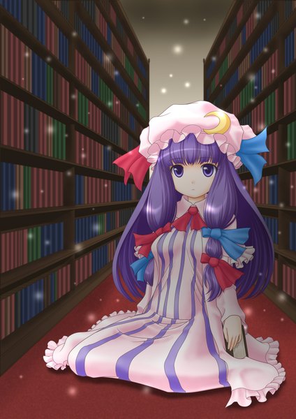 Anime picture 1400x1983 with touhou patchouli knowledge t2r (artist) single long hair tall image looking at viewer sitting purple eyes purple hair crescent girl dress bow hair bow book (books) bonnet