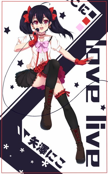 Anime picture 1240x2000 with love live! school idol project sunrise (studio) love live! yazawa nico baisi shaonian single long hair tall image looking at viewer blush open mouth black hair red eyes twintails girl thighhighs dress bow black thighhighs hair bow