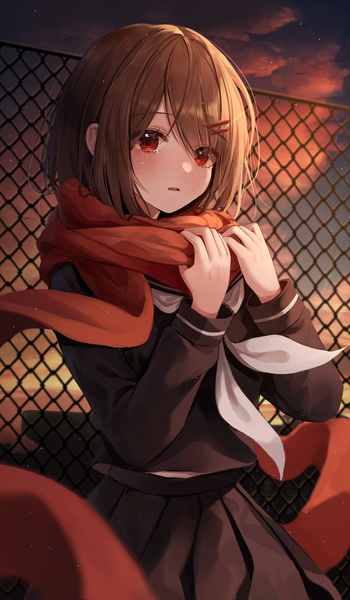 Anime picture 2918x5000 with kagerou project shaft (studio) tateyama ayano myowa single tall image looking at viewer blush fringe highres short hair open mouth hair between eyes red eyes brown hair standing sky cloud (clouds) outdoors long sleeves