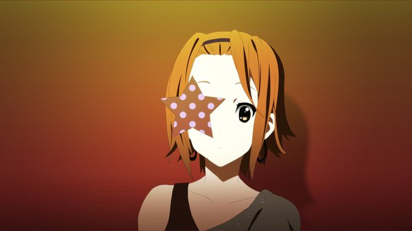 Anime picture 1920x1080 with k-on! kyoto animation tainaka ritsu single looking at viewer highres short hair simple background brown hair wide image gradient background orange background listen!! girl earrings star (symbol) headband hoop earrings