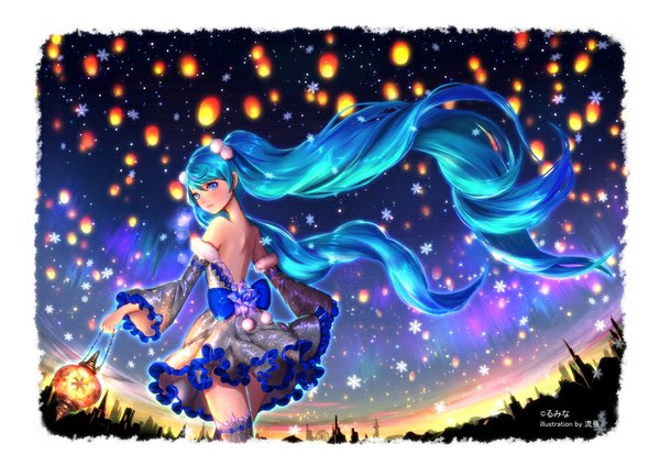 Anime picture 850x601 with vocaloid hatsune miku rua (k-tie) single blue eyes twintails very long hair looking back aqua hair night back christmas fisheye girl dress detached sleeves snowflake (snowflakes)