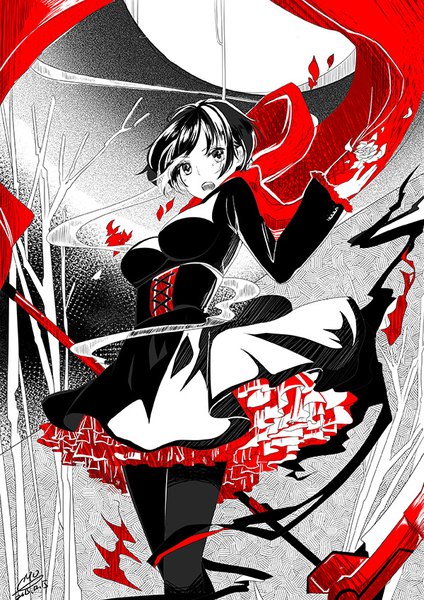 Anime picture 600x849 with rwby rooster teeth ruby rose ricemo single tall image looking at viewer fringe short hair breasts open mouth black hair standing holding signed long sleeves dated partially colored girl dress