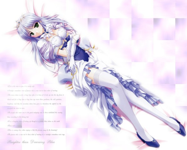 Anime picture 1280x1024 with yoake mae yori ruri iro na august soft feena fam earthlight bekkankou single long hair looking at viewer breasts green eyes full body lying light smile from above on back high heels wallpaper text covered navel english third-party edit