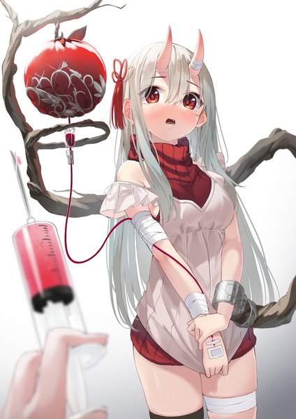 Anime-Bild 3500x4950 mit original kimyo long hair tall image looking at viewer blush fringe highres open mouth simple background hair between eyes red eyes standing holding absurdres silver hair horn (horns) blurry fang (fangs) solo focus