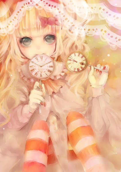 Anime picture 1205x1719 with original nekometaru single long hair tall image looking at viewer blue eyes blonde hair sitting fingernails long fingernails girl dress ribbon (ribbons) pantyhose food sweets clock candy lollipop