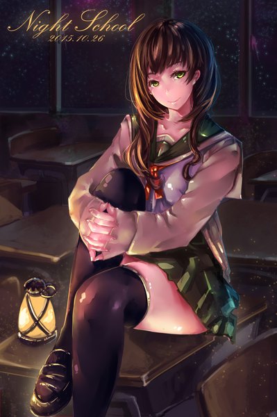 Anime picture 2333x3508 with original ctrlz77 single long hair tall image looking at viewer highres brown hair green eyes dated girl thighhighs skirt uniform black thighhighs school uniform desk
