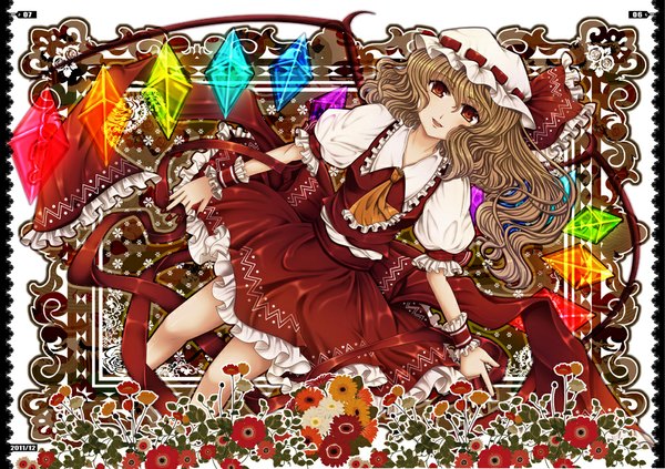 Anime picture 1032x729 with touhou flandre scarlet akatuki taku (artist) single long hair looking at viewer blonde hair smile red eyes lying girl dress flower (flowers) bow ribbon (ribbons) wings bonnet crystal ascot