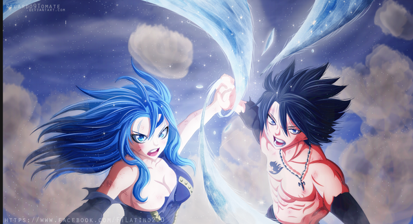 Anime picture 2000x1087 with fairy tail gray fullbuster juvia lockser ric9duran long hair highres short hair open mouth blue eyes light erotic black hair wide image blue hair tattoo night sky coloring torn clothes magic holding hands smoke