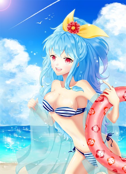 Anime picture 750x1038 with sword girls linus falco single long hair tall image looking at viewer breasts open mouth light erotic red eyes large breasts blue hair sky cloud (clouds) girl navel hair ornament swimsuit bikini