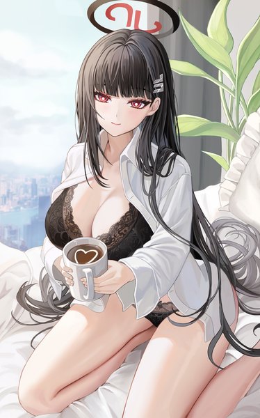 Anime picture 2491x4000 with blue archive rio (blue archive) mizurin single long hair tall image looking at viewer fringe highres breasts light erotic black hair smile red eyes large breasts sitting holding cleavage indoors blunt bangs