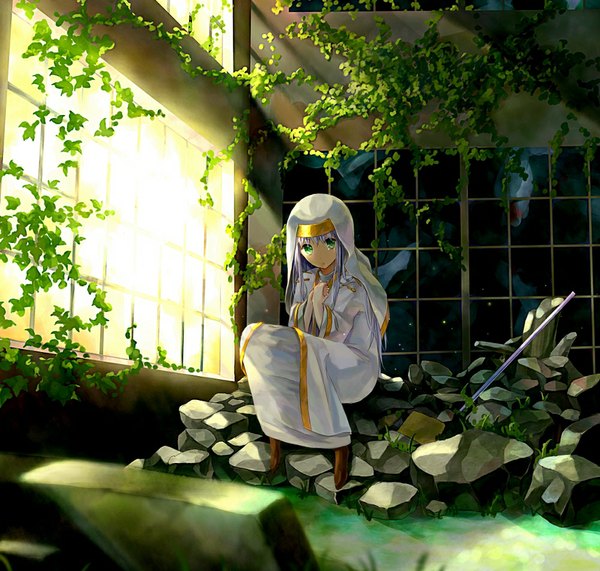 Anime picture 1000x952 with to aru majutsu no index j.c. staff index yocchin single long hair looking at viewer sitting green eyes blue hair nun girl plant (plants) window