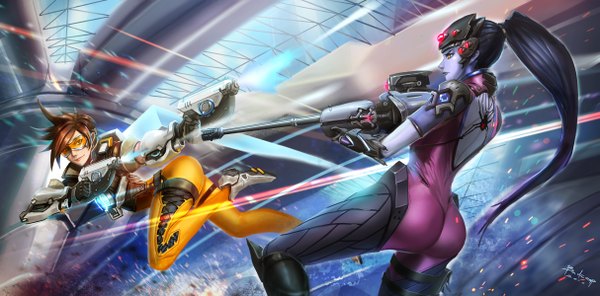 Anime picture 2426x1200 with overwatch blizzard entertainment widowmaker (overwatch) tracer (overwatch) badcompzero long hair highres short hair black hair brown hair wide image multiple girls brown eyes yellow eyes ass ponytail lips blue skin girl weapon