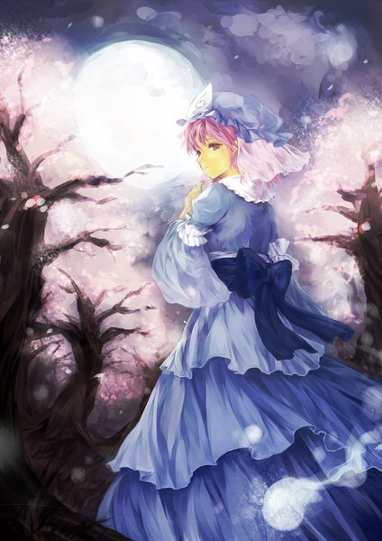 Anime picture 1446x2046 with touhou saigyouji yuyuko chagu single tall image looking at viewer short hair pink hair pink eyes wind cherry blossoms hand on chest sad girl dress bow plant (plants) petals tree (trees) leaf (leaves)