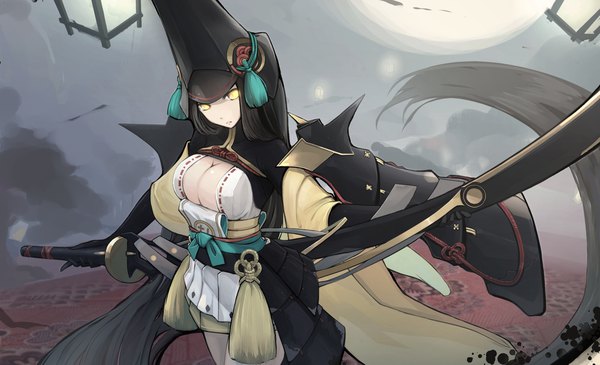 Anime picture 2000x1217 with original kikivi single looking at viewer highres breasts light erotic black hair wide image large breasts yellow eyes cleavage girl weapon sword katana