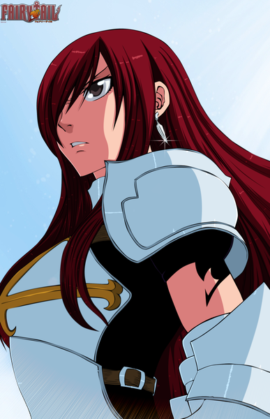 Anime picture 2261x3498 with fairy tail erza scarlet gold-mk single long hair tall image fringe highres sky red hair sunlight hair over one eye inscription grey eyes tattoo coloring girl earrings armor