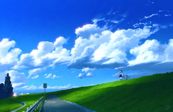 Anime picture 1215x791 with original mocha (cotton) single long hair black hair standing sky cloud (clouds) pleated skirt sunlight city cityscape girl skirt uniform plant (plants) school uniform socks black socks grass