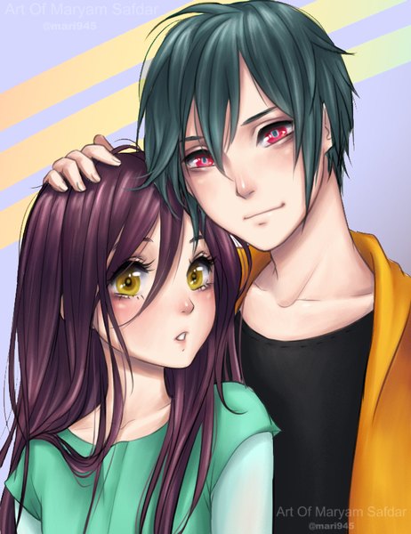 Anime picture 682x885 with original mari945 long hair tall image looking at viewer blush fringe short hair simple background smile hair between eyes red eyes brown hair signed yellow eyes upper body parted lips head tilt green hair open jacket