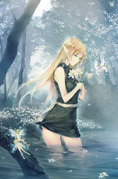 Anime-Bild 2654x4000 mit record of lodoss war deedlit sugina miki long hair tall image highres blue eyes light erotic blonde hair bare shoulders holding looking away profile pointy ears scan official art partially submerged topless elf fantasy