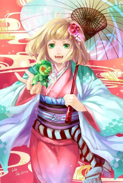 Anime picture 1181x1748 with ao no exorcist a-1 pictures moriyama shiemi ni (ao no exorcist) tall image short hair open mouth simple background blonde hair holding green eyes japanese clothes hair flower red background outline girl hair ornament flower (flowers) plant (plants) kimono