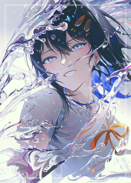Anime picture 1072x1500 with original fajyobore single tall image looking at viewer fringe short hair blue eyes black hair smile hair between eyes upper body head tilt multicolored hair grin wet clothes colored inner hair framed wet shirt girl