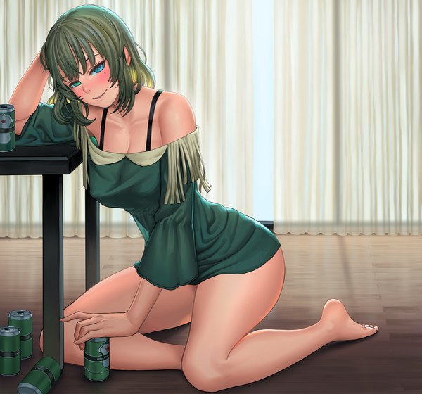 Anime picture 1198x1120 with idolmaster idolmaster cinderella girls takagaki kaede lasterk single looking at viewer blush short hair breasts blue eyes light erotic smile bare shoulders indoors barefoot green hair mole bare legs legs mole under eye