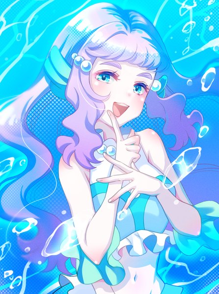Anime picture 787x1059 with precure tropical-rouge! precure toei animation laura (precure) osarutukamaeru single long hair tall image looking at viewer open mouth blue eyes purple hair upper body :d underwater girl navel