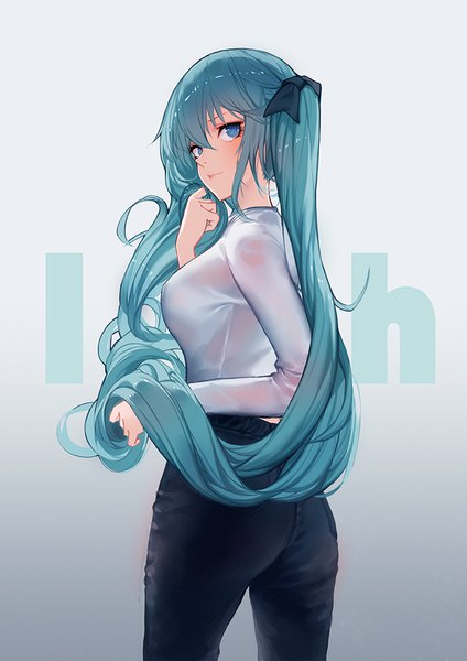 Anime picture 707x1000 with vocaloid hatsune miku pre (preecho) single long hair tall image looking at viewer blush fringe blue eyes light erotic simple background hair between eyes standing twintails long sleeves looking back aqua hair alternate costume gradient background