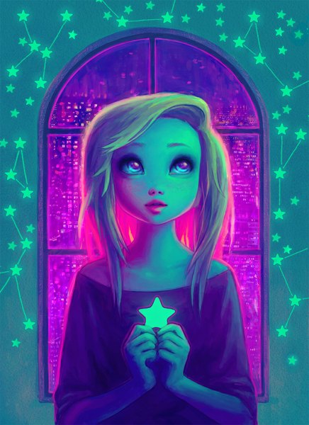 Anime picture 839x1154 with original destinyblue single long hair tall image blue eyes blonde hair bare shoulders holding looking away city looking up cityscape city lights girl window star (symbol)