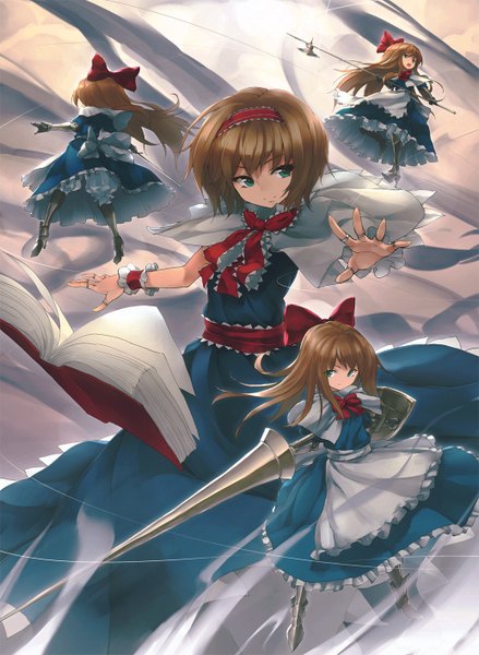 Anime picture 1034x1412 with touhou alice margatroid shanghai garuku long hair tall image fringe short hair open mouth smile brown hair multiple girls holding green eyes from behind high heels group girl dress gloves