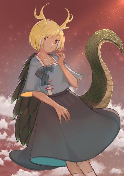 Anime picture 2480x3508 with touhou kicchou yachie sly930105 single tall image looking at viewer highres short hair blonde hair smile red eyes tail horn (horns) dragon girl dragon tail girl skirt black skirt