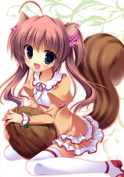 Anime picture 2527x3600 with yukie (peach candy) single long hair tall image looking at viewer blush highres open mouth blue eyes brown hair twintails animal ears tail animal tail scan loli girl thighhighs dress white thighhighs