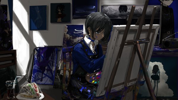 Anime picture 1974x1111 with original narue single fringe highres short hair black hair wide image sitting holding green eyes looking away indoors nail polish profile sunlight dark skin light open collar painting