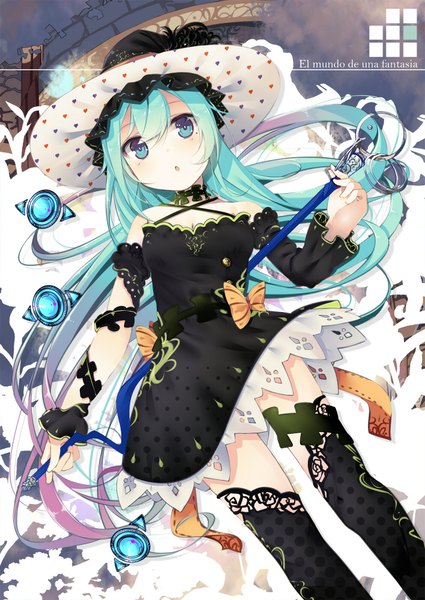 Anime picture 1416x2000 with original benio (dontsugel) single long hair tall image looking at viewer open mouth blue eyes blue hair witch girl thighhighs dress black thighhighs witch hat staff
