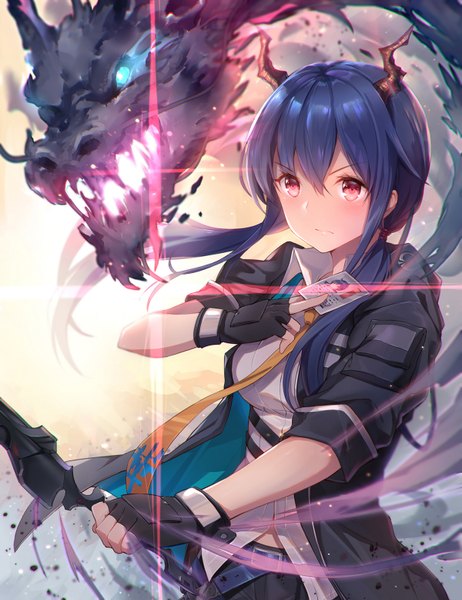 Anime picture 1200x1556 with arknights ch'en (arknights) taro (ultrataro) single long hair tall image blush fringe blue eyes hair between eyes red eyes twintails holding blue hair looking away horn (horns) short sleeves low twintails glowing glowing eye (eyes)