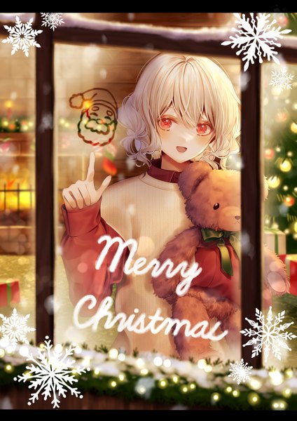 Anime picture 2480x3507 with original azaka (rionrita) single tall image looking at viewer fringe highres short hair open mouth hair between eyes red eyes white hair indoors :d christmas merry christmas androgynous boy window toy