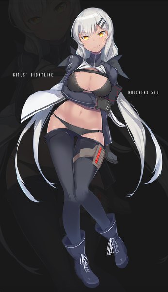 Anime picture 692x1200 with girls frontline m590 (girls frontline) aosora kamiya single tall image looking at viewer fringe breasts light erotic simple background smile hair between eyes large breasts standing yellow eyes full body very long hair grey hair bare belly copyright name