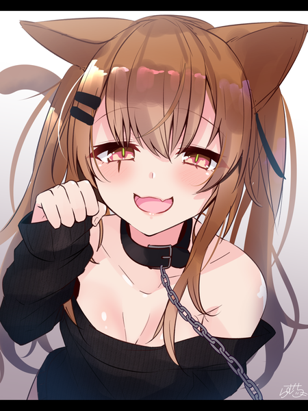 Anime picture 1536x2048 with girls frontline ump9 (girls frontline) ramchi single long hair tall image blush fringe breasts open mouth light erotic smile hair between eyes red eyes brown hair twintails bare shoulders signed animal ears tail