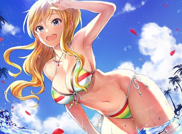 Anime picture 1952x1435 with idolmaster idolmaster cinderella girls ootsuki yui takeashiro single long hair highres breasts open mouth blue eyes light erotic blonde hair large breasts looking away sky cloud (clouds) sparkle armpit (armpits) sideboob groin