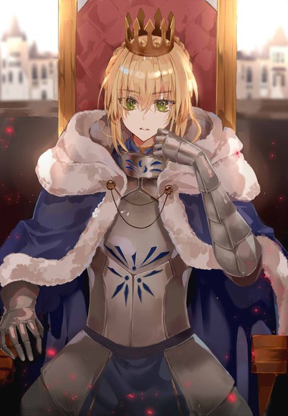 Anime picture 1000x1443 with fate (series) fate/grand order fate/stay night artoria pendragon (all) saber b rock single tall image looking at viewer fringe short hair blonde hair hair between eyes sitting green eyes braid (braids) blurry girl armor building (buildings)
