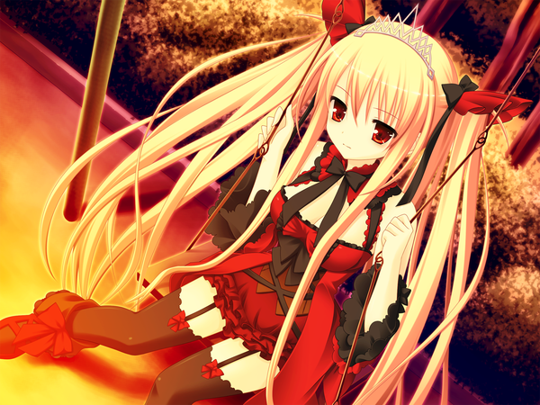 Anime-Bild 1600x1200 mit bloody rondo (game) luna freed queen makita maki single long hair blonde hair red eyes twintails bare shoulders looking away game cg loli girl thighhighs dress ribbon (ribbons) bow black thighhighs detached sleeves garter straps