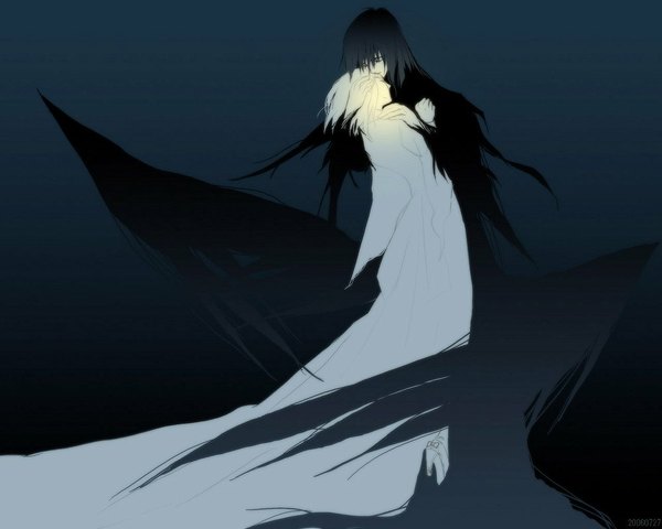 Anime picture 1000x800 with tagme (artist) long hair short hair blonde hair blue hair eyes closed from behind shadow couple hug back dated dark background silhouette girl dress boy bow wings
