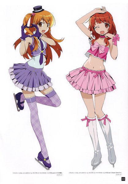 Anime picture 2435x3496 with pretty rhythm pretty rhythm aurora dream pretty (series) akio watanabe animation design works (artbook) amamiya rizumu harune aira watanabe akio long hair tall image looking at viewer highres open mouth simple background smile red eyes brown hair standing white background multiple girls brown eyes