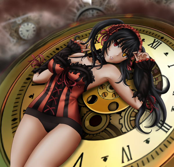 Anime picture 1043x1000 with date a live tokisaki kurumi susanoo single long hair looking at viewer fringe light erotic black hair red eyes twintails bare shoulders yellow eyes payot lying parted lips on back heterochromia lolita fashion goth-loli