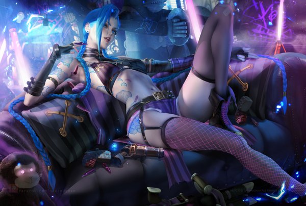 Anime picture 3600x2422 with arcane: league of legends league of legends jinx (league of legends) sakimichan single looking at viewer fringe highres open mouth blue eyes light erotic hair between eyes sitting holding blue hair absurdres bent knee (knees) indoors braid (braids) very long hair