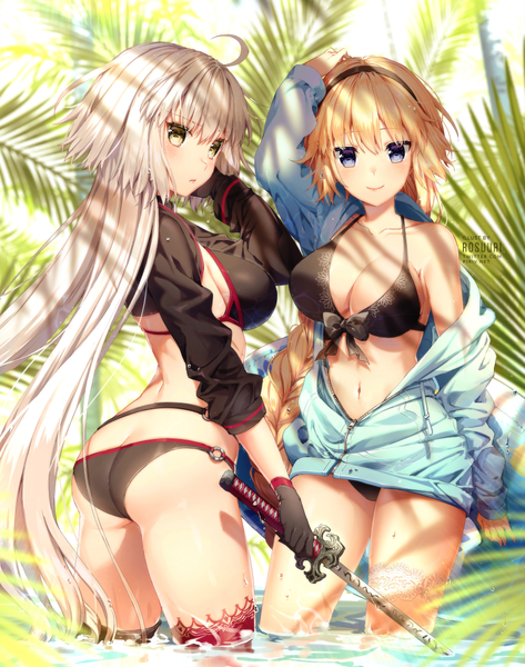 Anime picture 895x1136 with fate (series) fate/grand order jeanne d'arc (fate) (all) jeanne d'arc alter (fate) jeanne d'arc alter (swimsuit berserker) (fate) jeanne d'arc (swimsuit archer) rosuuri tall image looking at viewer blush fringe breasts blue eyes light erotic blonde hair smile hair between eyes large breasts standing multiple girls