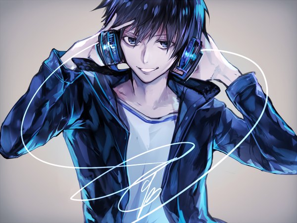 Anime picture 1000x750 with tcb (pixiv) single fringe short hair blue eyes simple background smile signed blue hair looking away lips open jacket boy jacket headphones