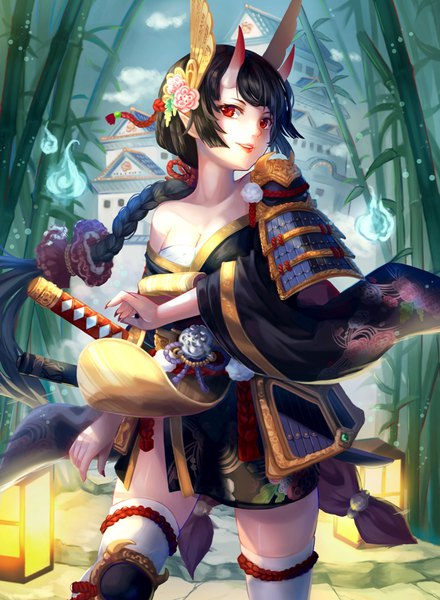 Anime picture 752x1024 with original saubupo single tall image looking at viewer fringe breasts black hair smile red eyes standing bare shoulders payot sky cloud (clouds) outdoors braid (braids) very long hair nail polish traditional clothes