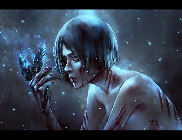 Anime picture 1300x1000 with original nanfe single short hair breasts light erotic black hair bare shoulders signed nail polish profile nude grey background snowing letterboxed injury girl blood feather (feathers)