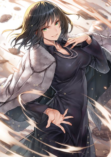 Anime picture 1013x1433 with one-punch man madhouse fubuki (one-punch man) hagure keg single tall image looking at viewer fringe short hair breasts black hair smile large breasts standing green eyes blunt bangs long sleeves parted lips arm up floating hair